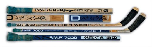 .1986 Wayne Gretzky Autographed Sher-Wood Game Stick Collection of 2