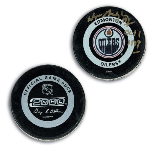 Oct. 1, 1999, Wayne Gretzky Jersey Retirement Night Autographed Game Used Puck