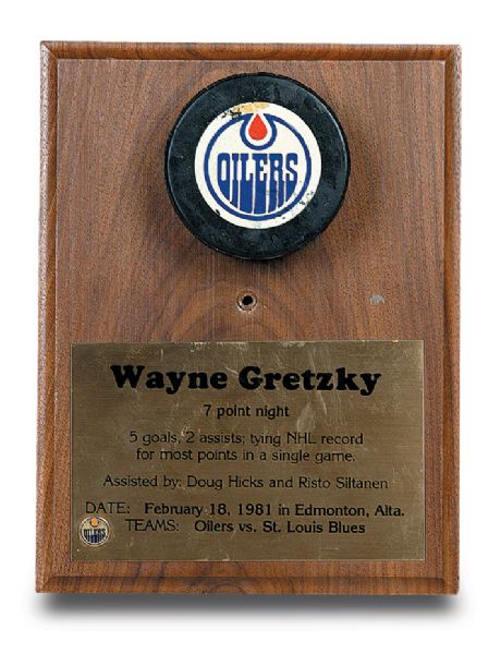 1981 Wayne Gretzky Most Goals in One Period NHL Record Tying Milestone Goal Puck