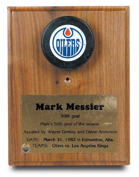 1981-82 Mark Messier 50th Goal Milestone Goal Puck - Only 50-Goal Season!