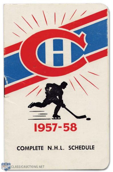 1957-58 Montreal Canadiens/NHL Pocket Schedule Sponsored by Toe Blakes Tavern