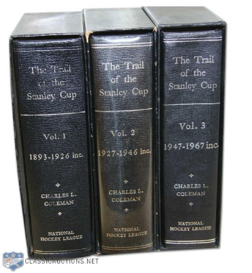 Jean Beliveaus Personal Three Volume Leather Bound Set of "The Trail of the Stanley Cup"