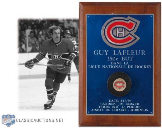 Guy Lafleurs 350th NHL Goal Puck Plaque