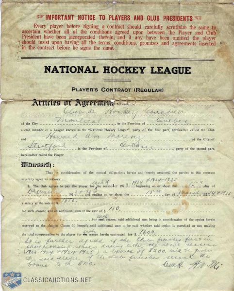 1923 Howie Morenz Montreal Canadiens Rookie Contract