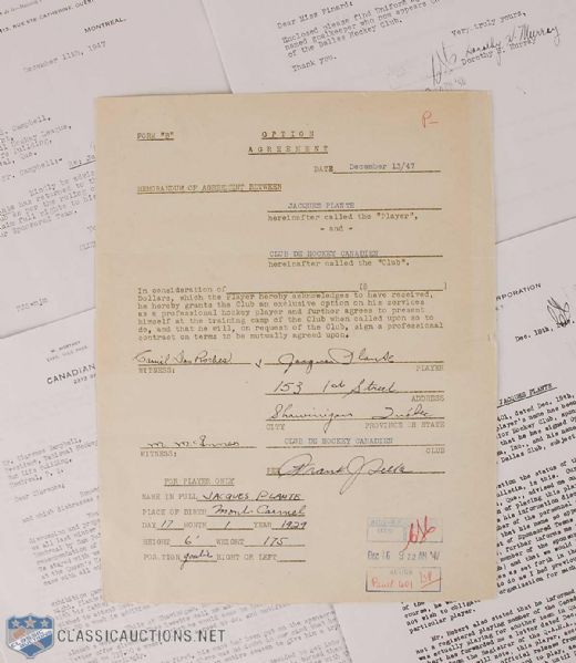 Jacques Plantes 1947 Montreal Canadiens Option Agreement Signed by Plante & Frank Selke