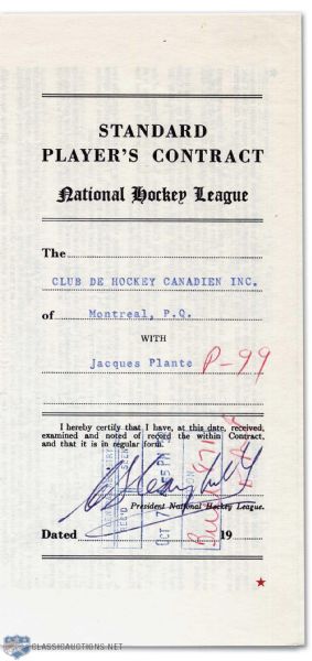 Jacques Plantes 1953-54 Montreal Canadiens Rookie Contract
