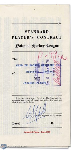 Jacques Plantes 1960-61 Montreal Canadiens Contract