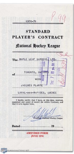 Jacques Plantes 1970 Toronto Maple Leafs Contract