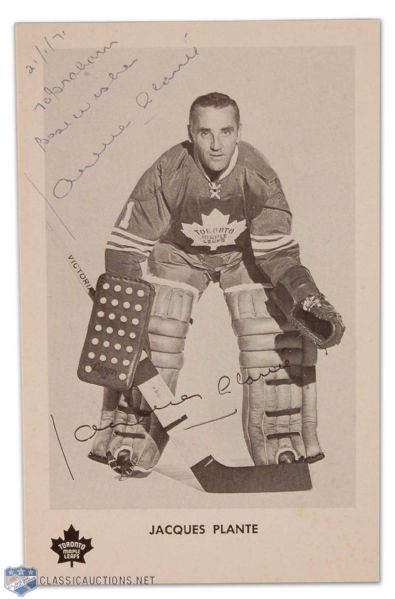 Jacques Plante Autographed Toronto Maple Leafs Postcard