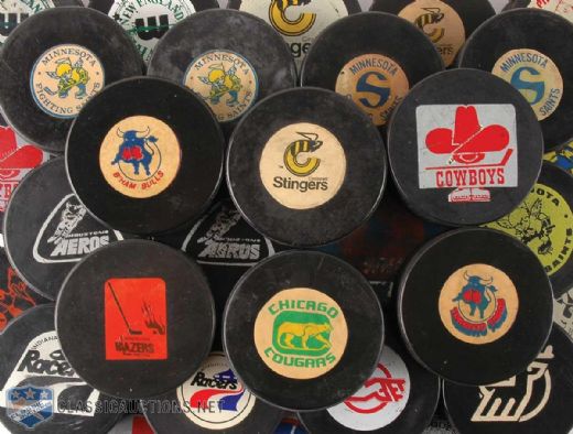 WHA Official Game Puck Collection of 35, Including Original Blue Puck