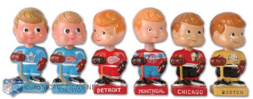 1960s Mini Bobbing Head Doll Collection of 6, Including Toronto with Red Wings Logo