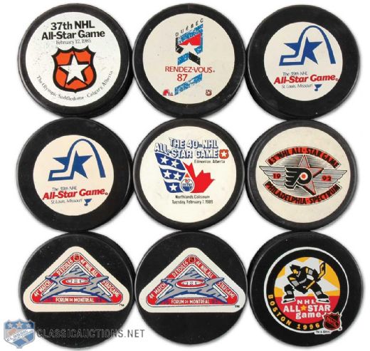 NHL Official All-Star Game Puck Collection of 9