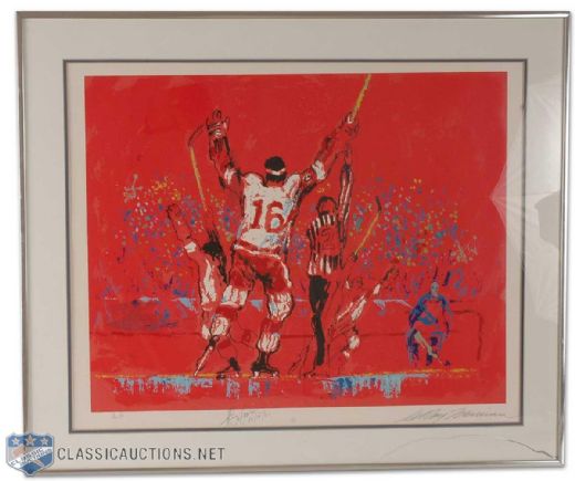 Framed Artists Proof Red Goal 1973 Serigraph by LeRoy Neiman, Autographed by Henry Boucha