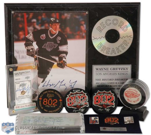 Wayne Gretzky & Gordie Howe Autographed 802 Tickets, Plaque and Pucks