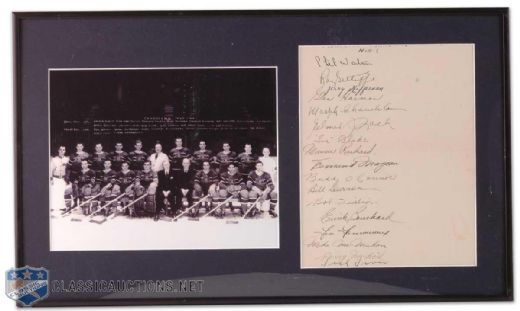 Framed 1943-44 Stanley Cup Champions Montreal Canadiens Autograph and Team Photo Display