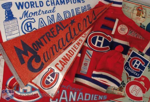 Vintage Montreal Canadiens Pennant, Crest, Board Game and Childrens Sweater and Hat Collection of 10