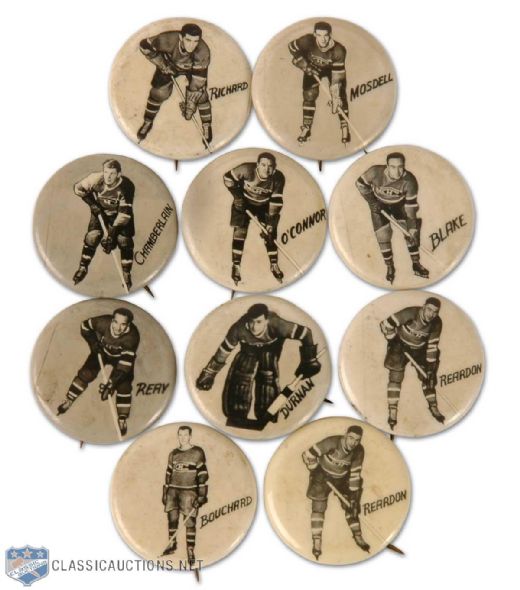 1948 Montreal Canadiens Pep Cereals Pin Collection of 10 Including Richard, Blake & Durnan