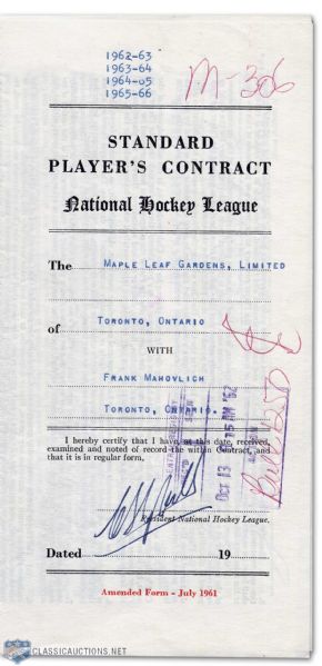 Frank Mahovlichs 1962-1966 Toronto Maple Leafs Contract