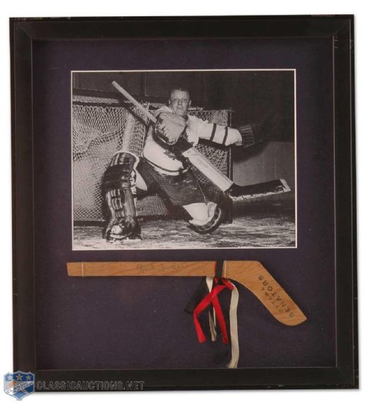 Framed Turk Broda Autographed Mini Original Ottawa Senators Souvenir Stick and Photo Display