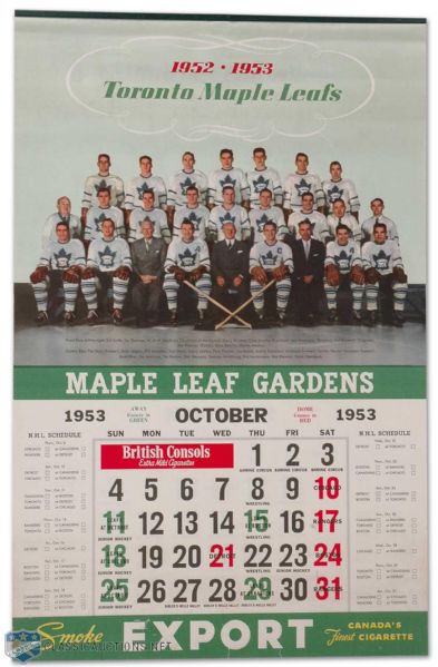1953-54 Toronto Maple Leafs Export Calendar