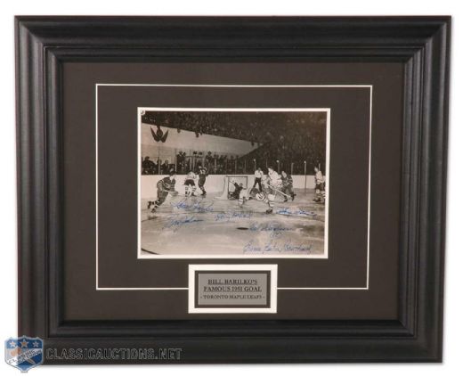 Multi-Signed Leafs/Canadiens Photoof Bill Barilkos Famous 1951 Goal