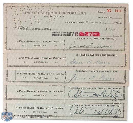Chicago Stadium Corporation Check Collection of 5 Signed by Wirtz & Norris
