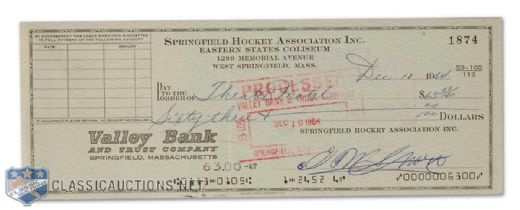 Springfield Hockey Association Check Signed by Eddie Shore