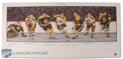 Boston Bruins Lithograph Autographed by 7 HOFers Including Orr (18x 39)