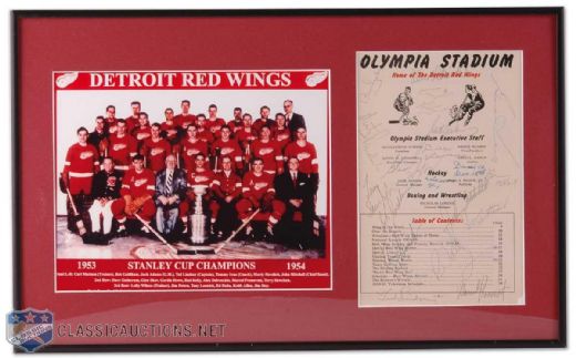 Framed 1953-54 Detroit Red Wings Autographed Contents Page from Olympia Stadium Program and Team Photo Display