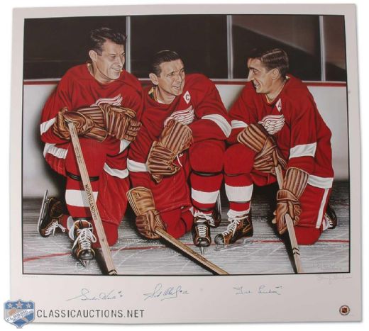 Detroit Red Wings Production Line Lithograph Autographed by Howe, Abel & Lindsay (27x 29)
