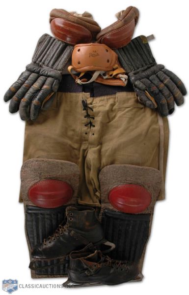 Set of Vintage Hockey Equipmentwith Canvas Bag, Including Skates, Pants, Shinguards, Elbow Pads, Helmet and Gloves