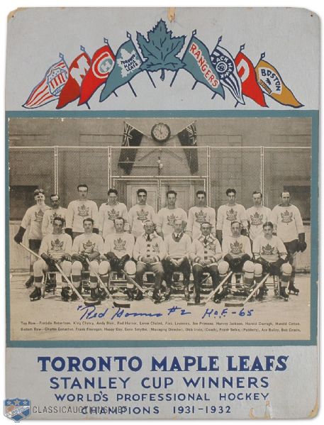 Rare 1931-32 Toronto Maple Leafs Photo Advertising Display Signed by Red Horner (10" x 12")