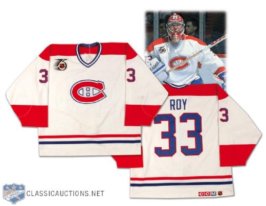 Patrick Roy 1991-92 Montreal Canadiens Game Worn Home Jersey with NHL 75th Anniversary Patch