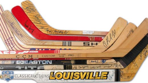 Autographed Stick Collection of 10, Including Goalie Stick Signed by Gretzky, Lemieux and Roy
