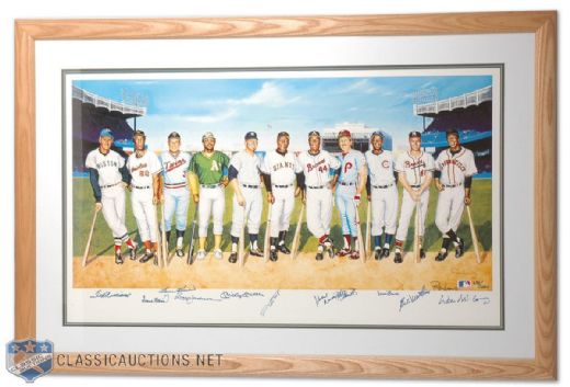 500 Home Run Club Autographed Lithograph Signed by 11 Hall of Famers, Including Williams and Mantle