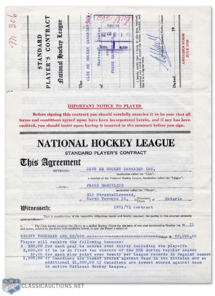 Frank Mahovlichs 1971-72 Canadiens Contract from his Personal NHL File