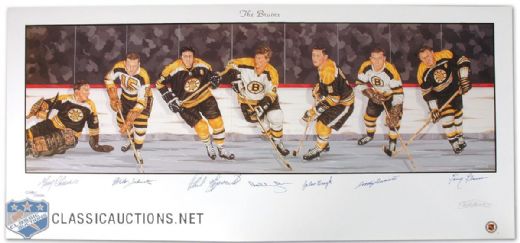 Boston Bruins Lithograph Autographed by 7 HOFers Including Orr (18"x 39")