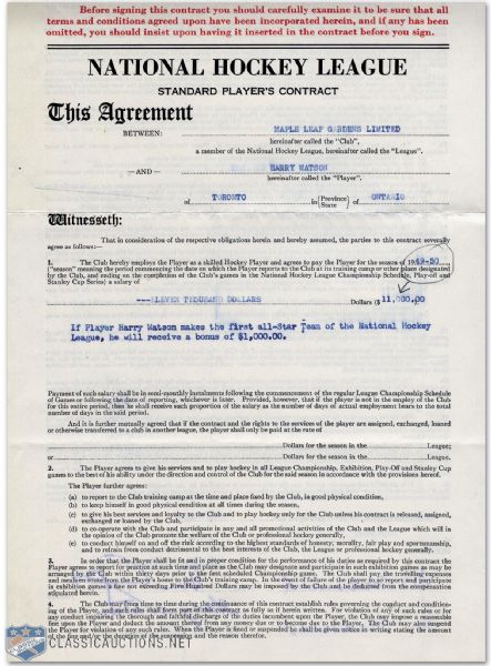 Harry Watsons 1949-50 Toronto Maple Leafs Players Contract