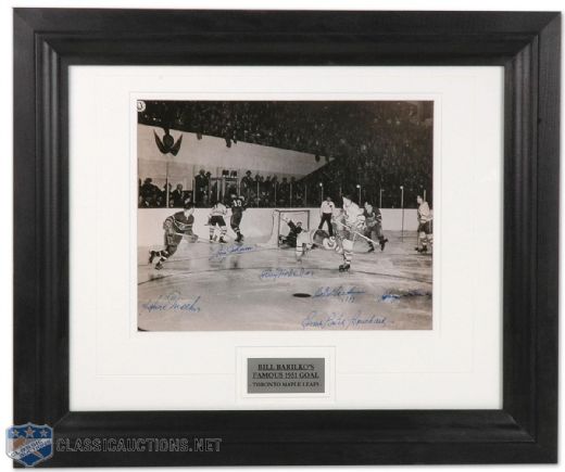 Multi-Signed Leafs/Canadiens Photo of Bill Barilkos Famous 1951 Goal