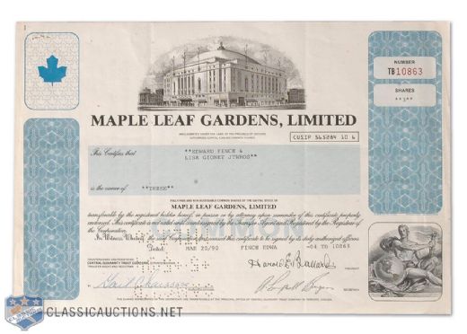 1990 Maple Leaf Gardens Stock Certificate with Annual Report