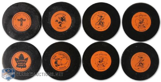 1960s Western Hockey League Orange Rubber Game Puck Collection of 8