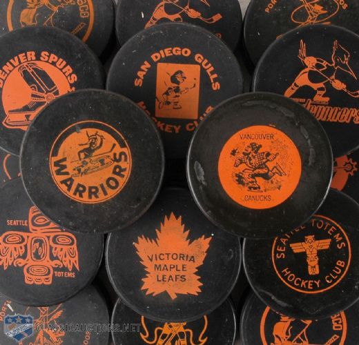 1960s Western Hockey League Orange Screened Game Puck Collection of 17