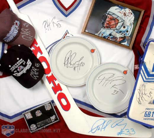 Patrick Roy Autographed Memorabilia Collection of 8, Including Dinner Plates Signed by Roy and Ray Bourque
