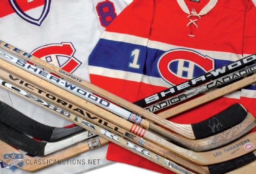 Montreal Canadiens Autographed and Game Used Stick Collection of 8, Plus Vintage Jersey Collection of 2