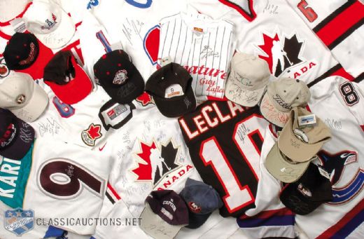 Signed Jersey Collection of 9, Featuring Paul Kariya and John LeClair Game Worn Jerseys, Plus Autographed Hockey Cap Collection of 25