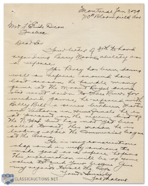 1939 Joe Malone Autographed Handwritten Letter