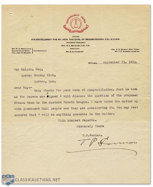 1932 Hockey Signed Letter by T.P. Gorman