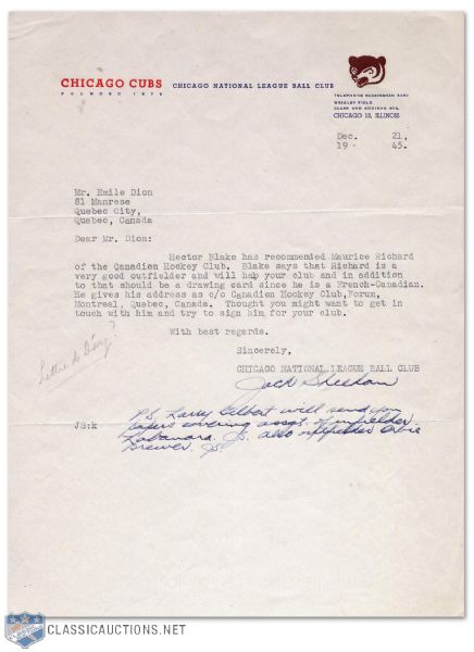 1945 MLB Chicago Cubs Jack Sheeham Signed Letter/ Maurice Richard