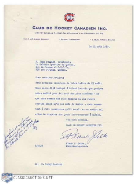 1960 Montreal Canadiens Signed Letter By Frank Selke