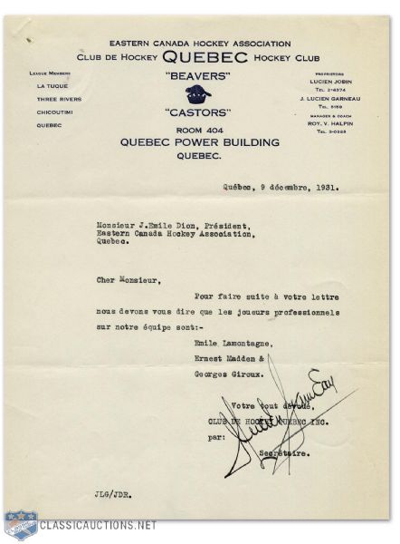 1931 Quebec Beavers Signed Hockey Letter